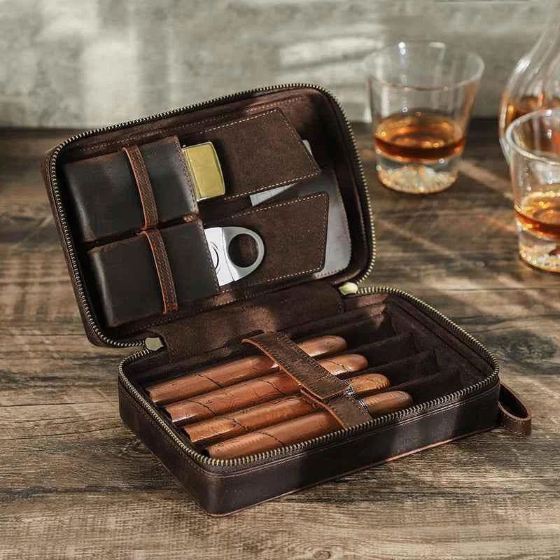Leather Cigar Case Travel Humidor for 4 Cigars Storage Box
