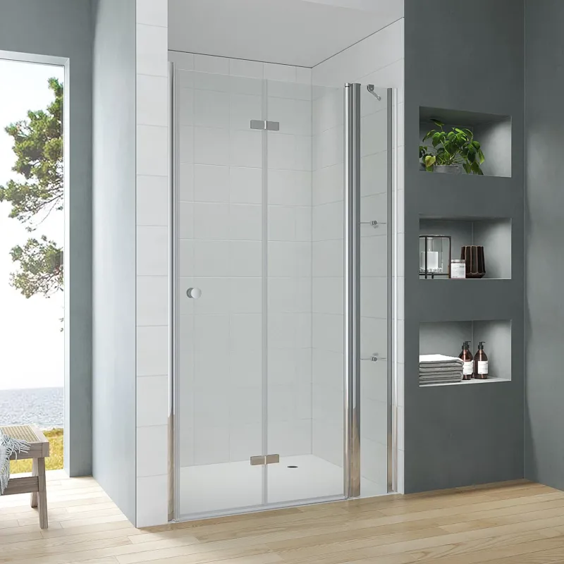 Begehbare Dusche faltbar Duschfaltwand mit Festteil Duschabtrennung Duschwand Glas Falttür an Festteil Höhe 187 cm Wandausgleich 20 mm & 20 mm