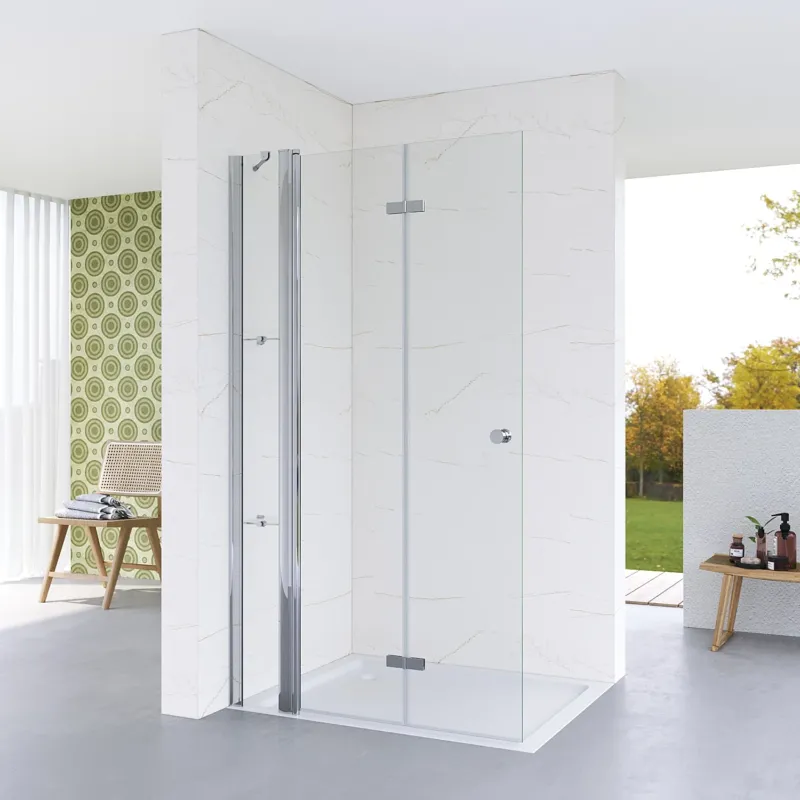 Walkin Dusche Duschwand Glas mit Festteil und Falttür Drehfalttür Duschabtrennung faltbar für Duschwanne Höhe 187 cm