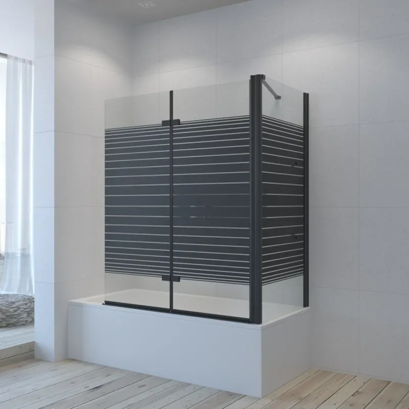 Eck Duschtrennwand Schwarz matt 120 x 70 x 140 cm Duschwand für Badewanne faltbar Badewannenaufsatz mit Seitenwand Badewannenfaltwand Dekorlinien Industrial Black Loft Style 5 mm Echtglas