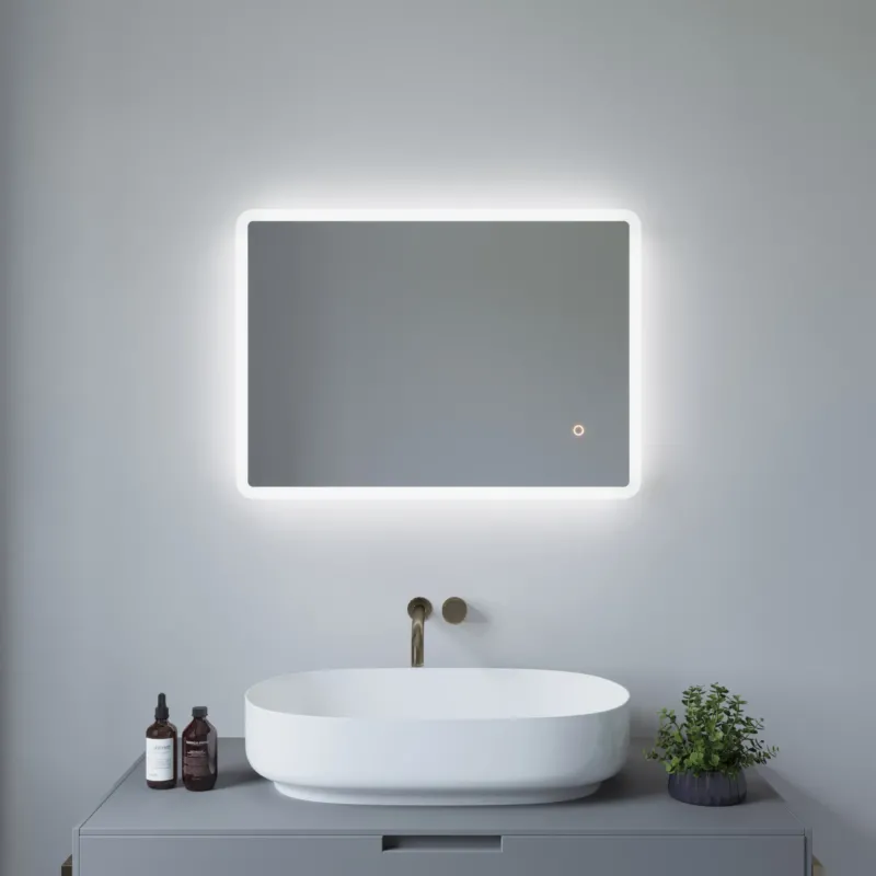 Badezimmerspiegel mit Beleuchtung Lichtspiegel Wandspiegel BORAS-Serie 70x50cm Typ A Dimmbar Touch Schalter Kaltweiß 6400K