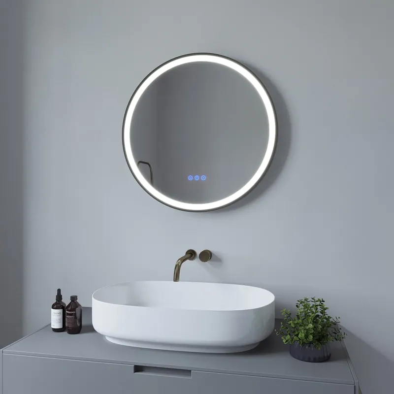 Spiegel rund runder Wandspiegel in schwarz Badspiegel mit Beleuchtung Aluminiumrahmen SAUTENS-Serie 60 cm Typ C | Touch Sensor Dimmbar Antibeschlag Kaltweiß Neutralweiß Warmweiß