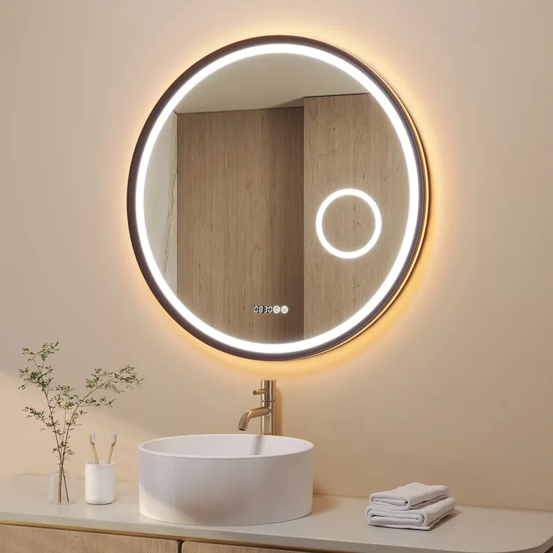 Badspiegel mit Vergrößerung und Beleuchtung Rund 80 cm Aluminium Rahmen schwarz matt Uhr Spiegelheizung Touch dimmbar