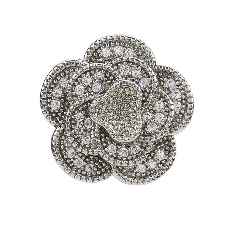 15mm Golden Silver Three Dimensional Camellia Buttons with Full Rhinestones 2pcs 2 Silver