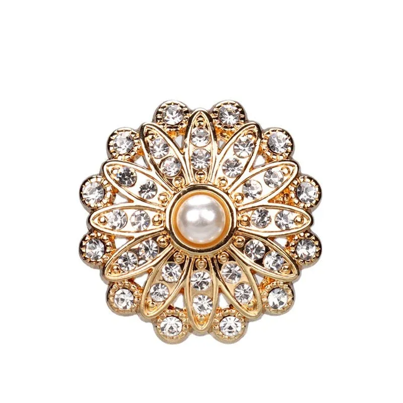 25mm Sunflower Shaped Rhinestone Pearl Buttons for Women Blazers 4pcs Gold