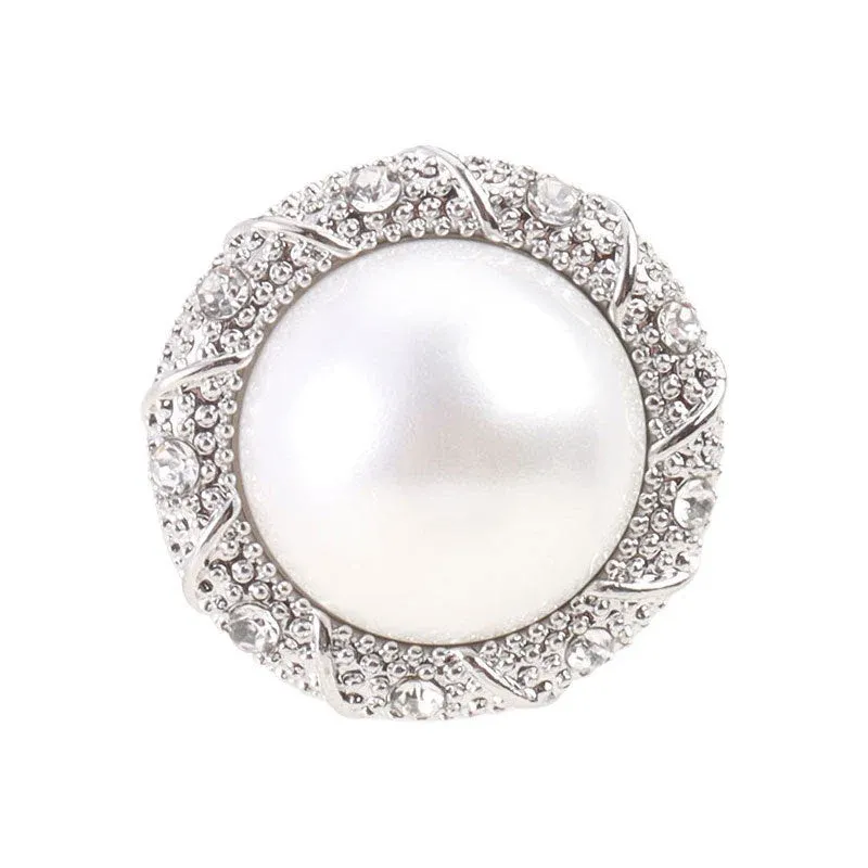 15mm Round Edged Rhinestone Silver Pearl Metal Shank Button 6pcs