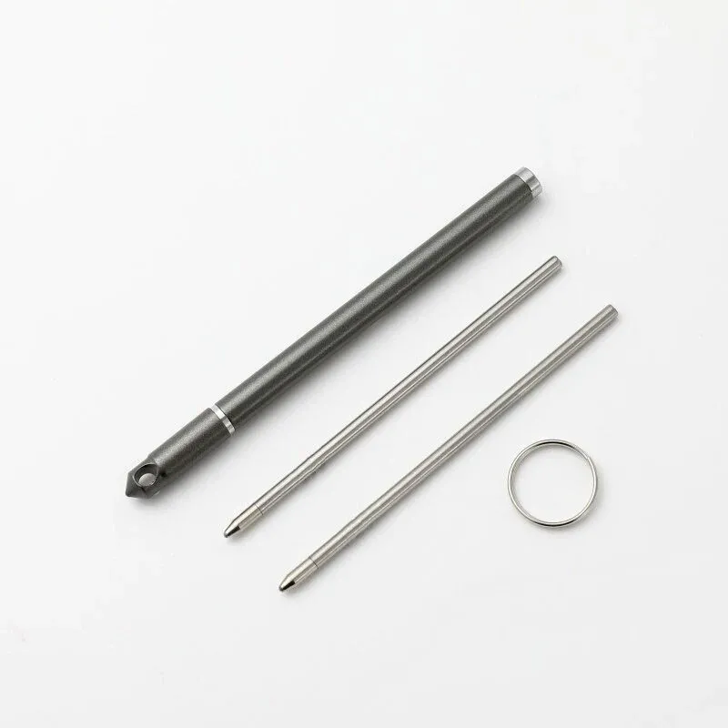 Mini Brass Ballpoint Pen | 0.5mm Black Ink | 8cm Pocket EDC Pen | Includes 2 Refills & Ring Clip Grey