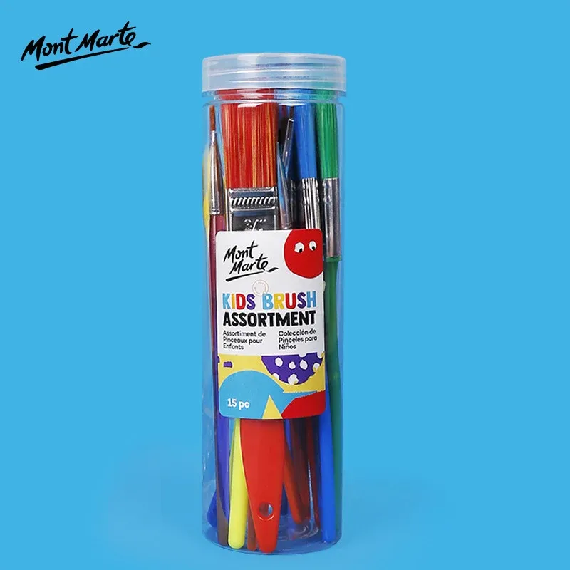 Mont Marte Kids Brush Assortment | 15-Piece Colorful Nylon Paint Brush Set for Children