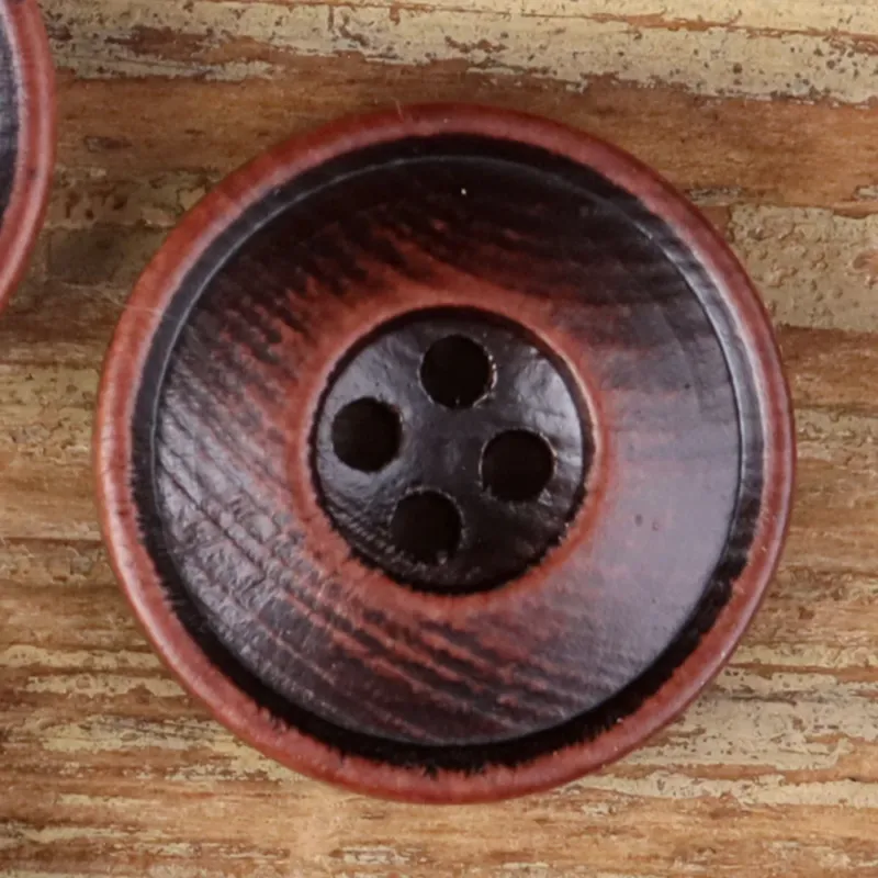 Natural Wood Round 4-Hole Double-Ring Fine-Rim Buttons – Red & Black – Set of 40 Red