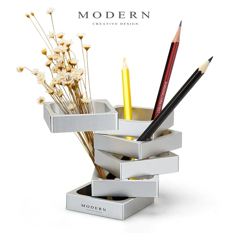 Modern Rectangular Aluminum Multi‑Purpose Pen Holder Silver