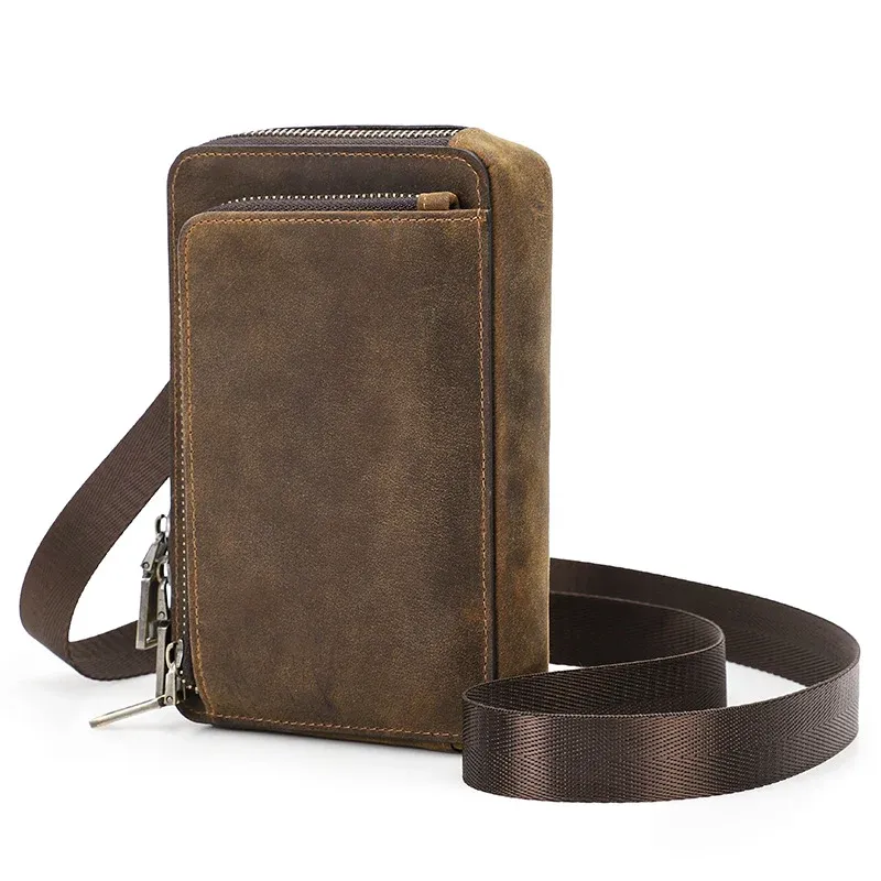 Vintage Crazy Horse Leather Phone Bag – Crossbody, Shoulder & Belt Waist Pack