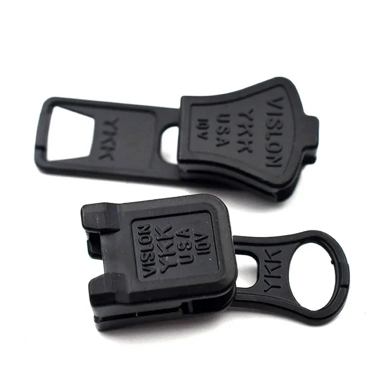 Jacket zipper pulls set—black molded YKK Vislon #10, 4-pack, metal pull tab