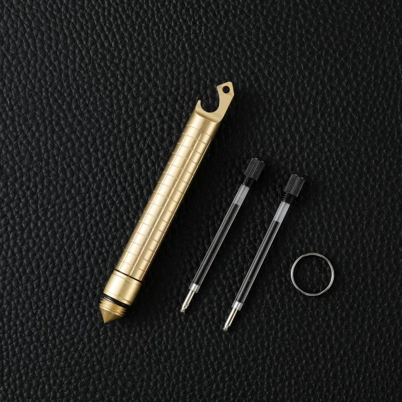 Brass Vintage Tactical Pen | Bottle Opener & Awl | Includes 2 Refills & Ring Brass