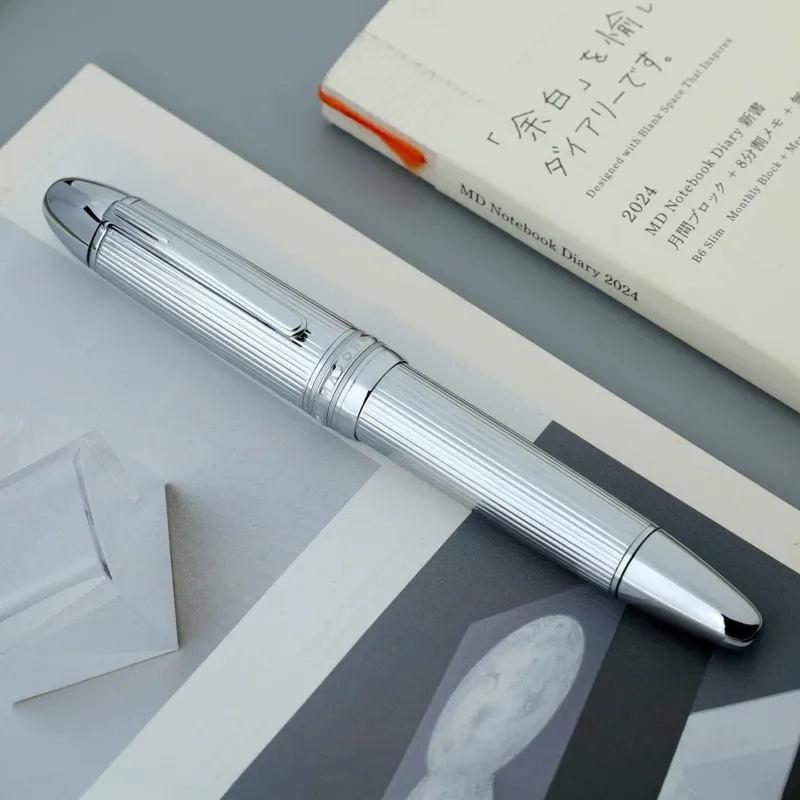 MAJOHN P141 Fountain Pen | Brass Engraved Metal Body | Differential Piston | Large Format Men's Pen Stripe Silver