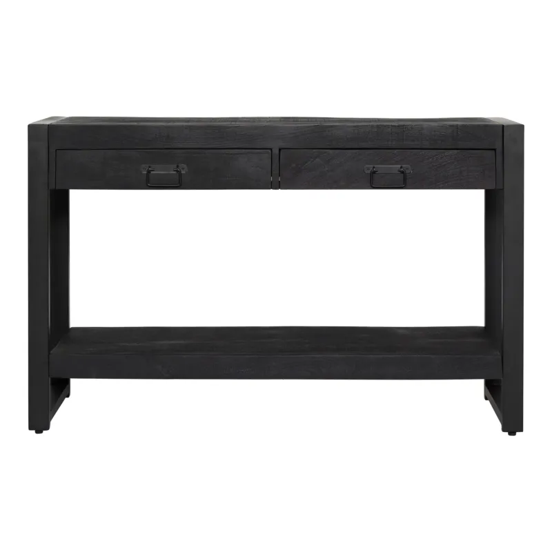 Beistelltisch - Mangoholz Schwarz, Zwei Schubladen, Schwarzes Gestell, 120 cm – Boaz | Starfurn