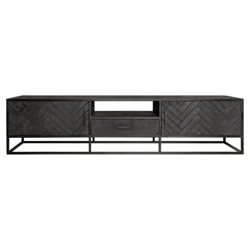 TV-Möbel - Mangoholz Schwarz, Fischgrätmuster, Offenes Fach, 210 cm – New York | Starfurn
