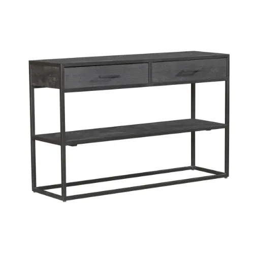 Beistelltisch - Mangoholz Schwarz, Zwei Schubladen, Metallgestell, 120 cm – New York | Starfurn