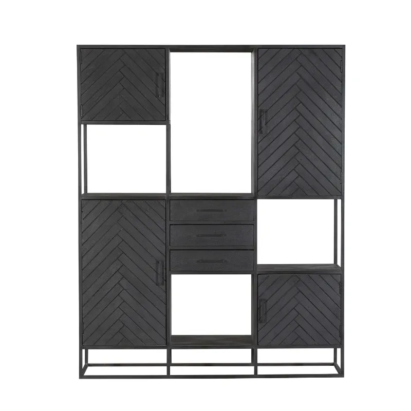 Regal - Mangoholz Schwarz, Fischgrätmuster, Metallrahmen, 160 cm – New York | Starfurn