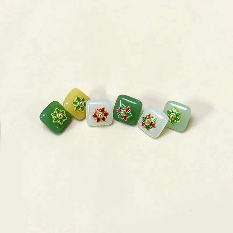 12mm Chinese Style Square Glass Buttons with Flower Base for Tang Suit Hanfu 50pcs