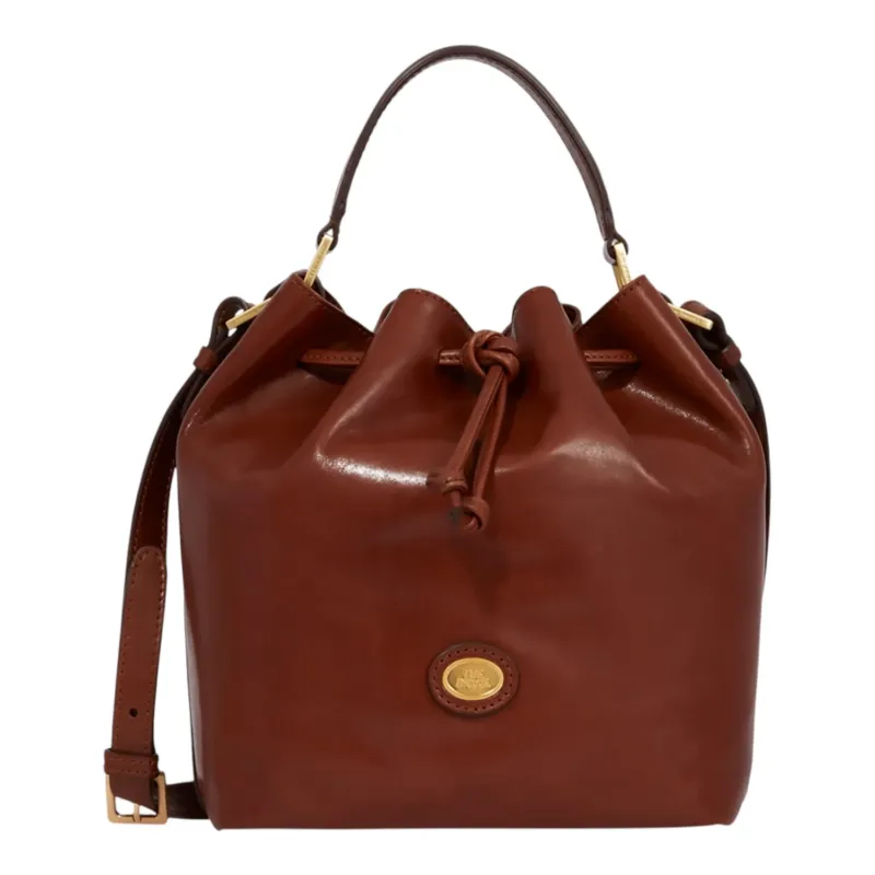 Lieblingstasche brown leather drawstring bucket bag with shoulder strap and top handle.