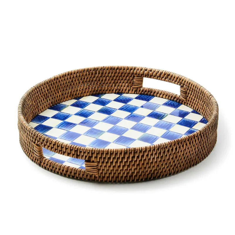 MacKenzie - Childs Royal Check Enamel & Rattan Round Serving Tray - |VESIMI Design|