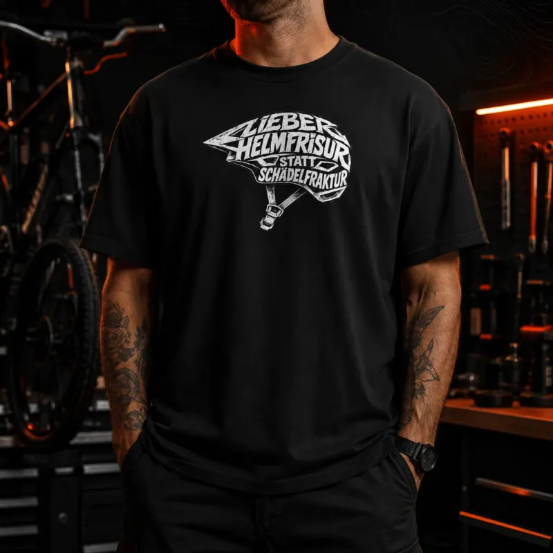 Spreadconnect Oversized Heavyweight Unisex T-Shirt Lieber Helmfrisur statt Schädelfraktur – Oversized Unisex T-Shirt (weißes Motiv) E-Bike-Community